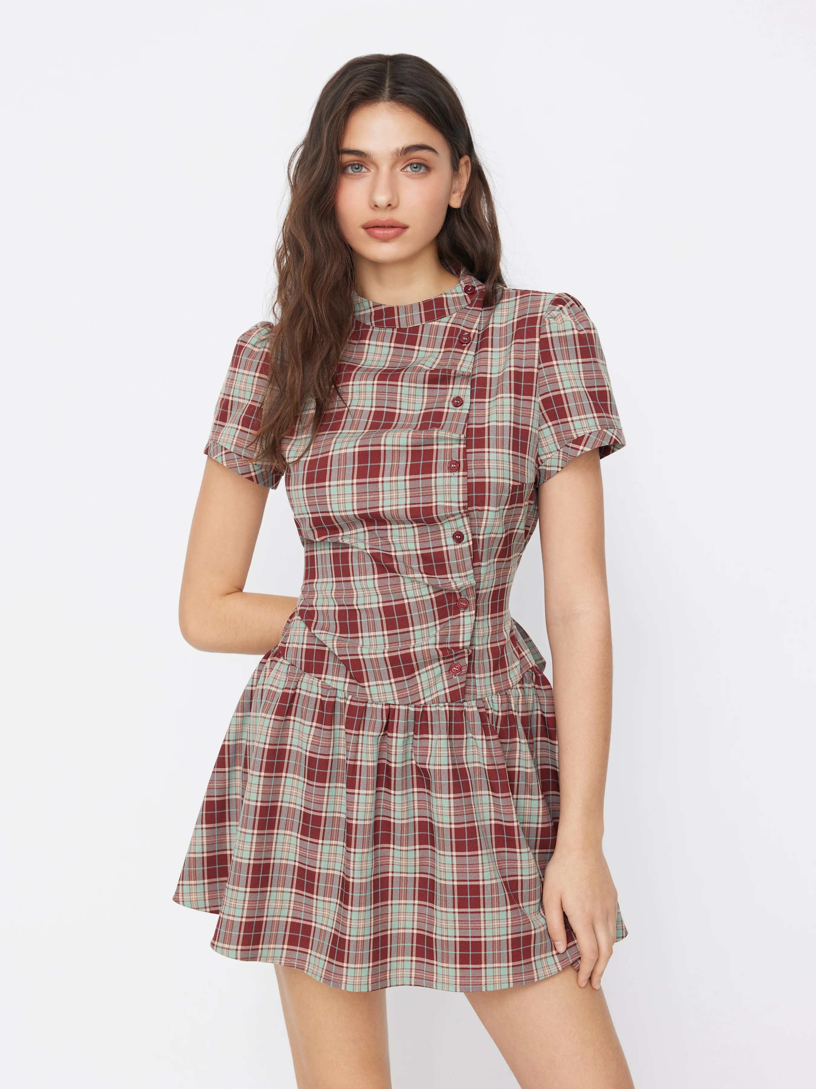 Plaid Stand Collar Puff Sleeve Tie Back Button Mini Dress