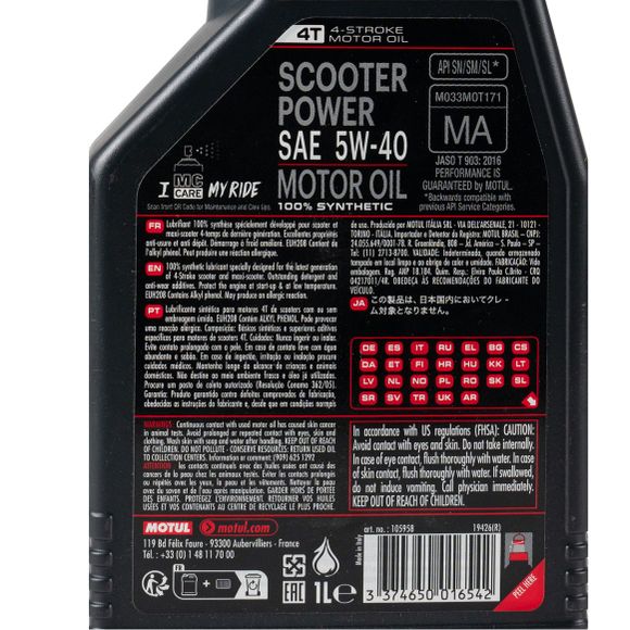 Motul SCOOTER POWER 4T 5W40 1L Universal Engine OilRef : MOT0052 / 105958