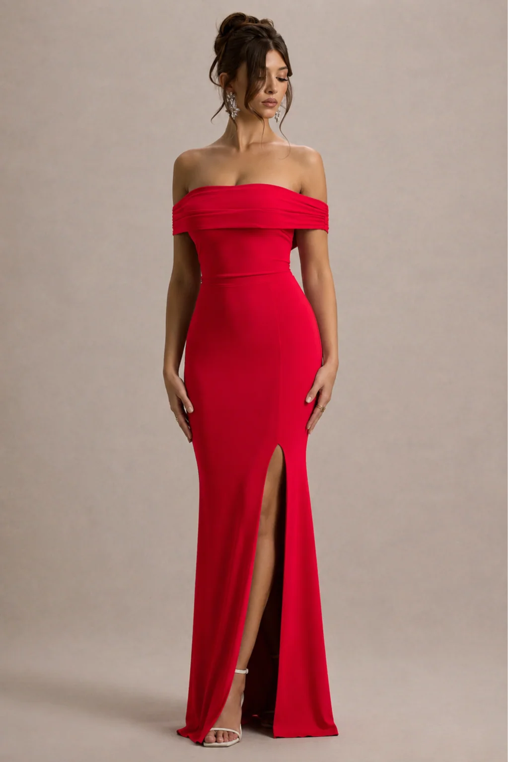 Law of Attraction | Red Bardot Draped Split Maxi Dress