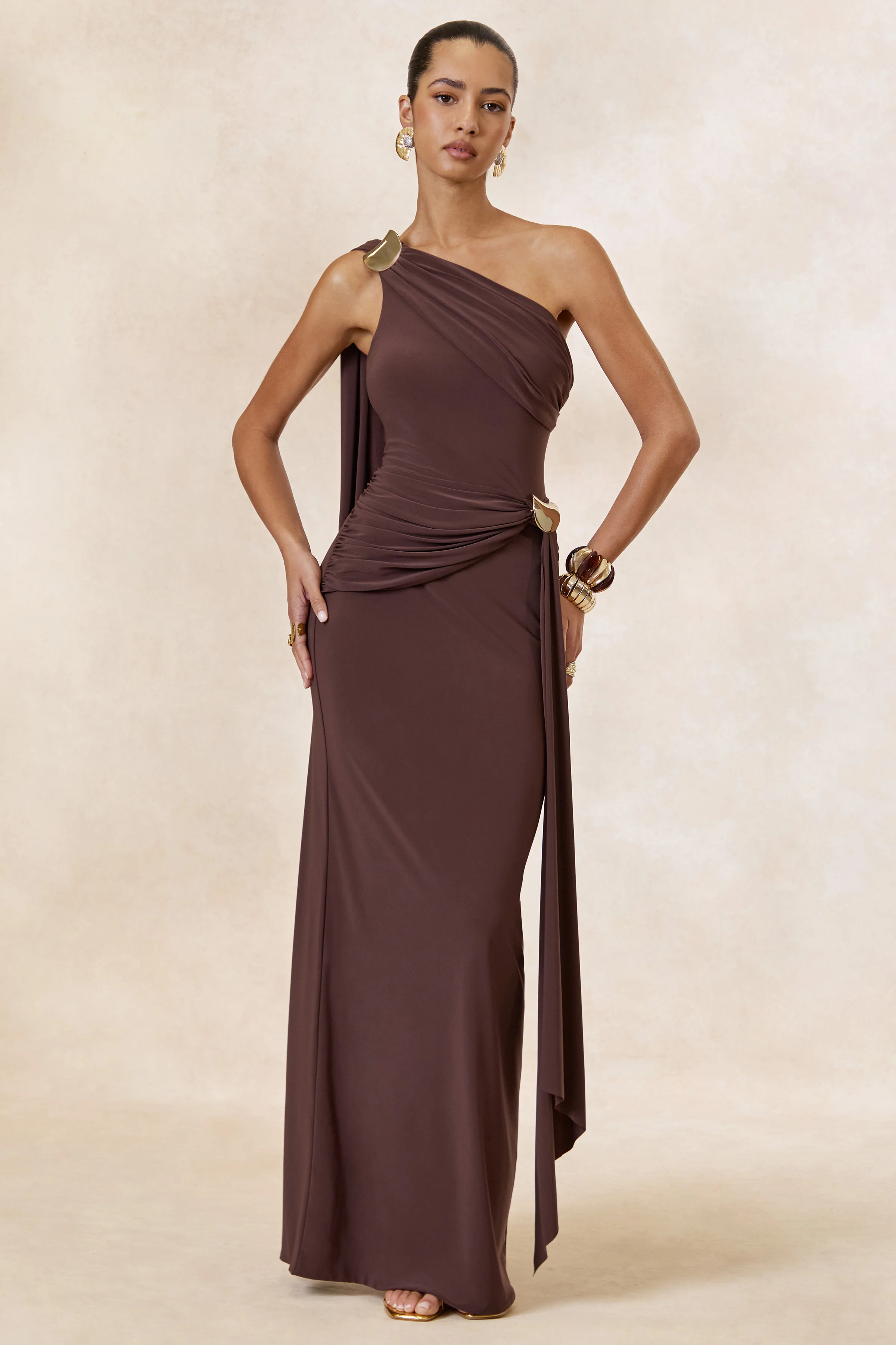 Sariah | Dark Brown Asymmetric-Neck Maxi Dress With Gathered Detailing