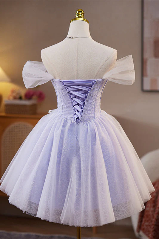 Off the Shoulder Lavender 3D Floral A-line Short Dress
