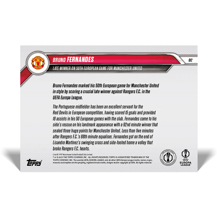 Bruno Fernandes - Late winner on 50th European game - 24/25 UEL Topps NOW® Card 12