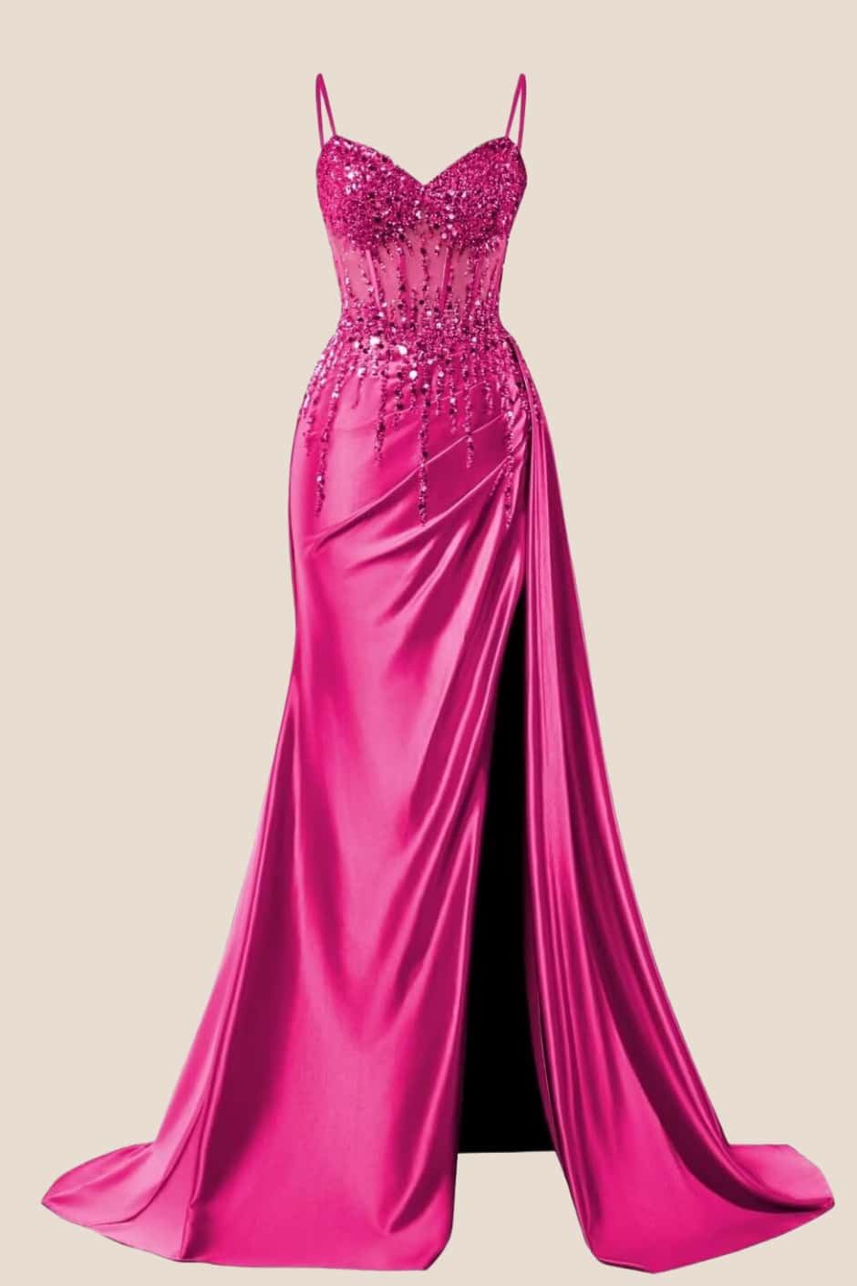 Beaded Navy Blue Satin Ruched Long Prom Dress