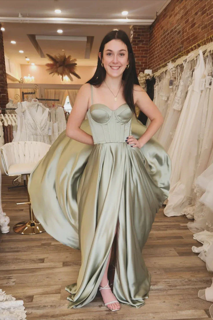 Sage Green Corset A-line Satin Long Formal Dress