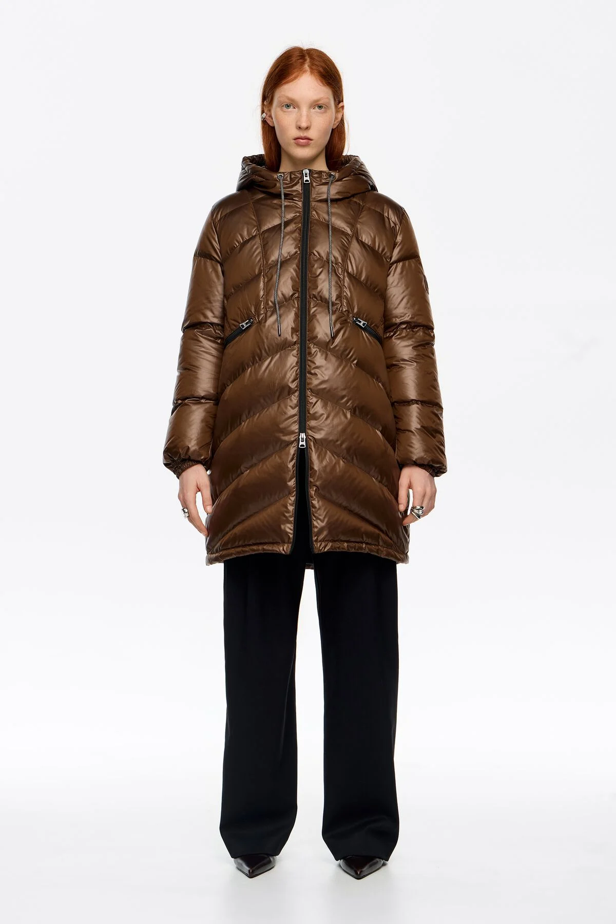 Dark olive fur straight cut hooded puffer