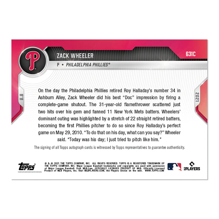 On-Card Auto # to 25 - Zack Wheeler - 2021 MLB TOPPS NOW® Card 631C