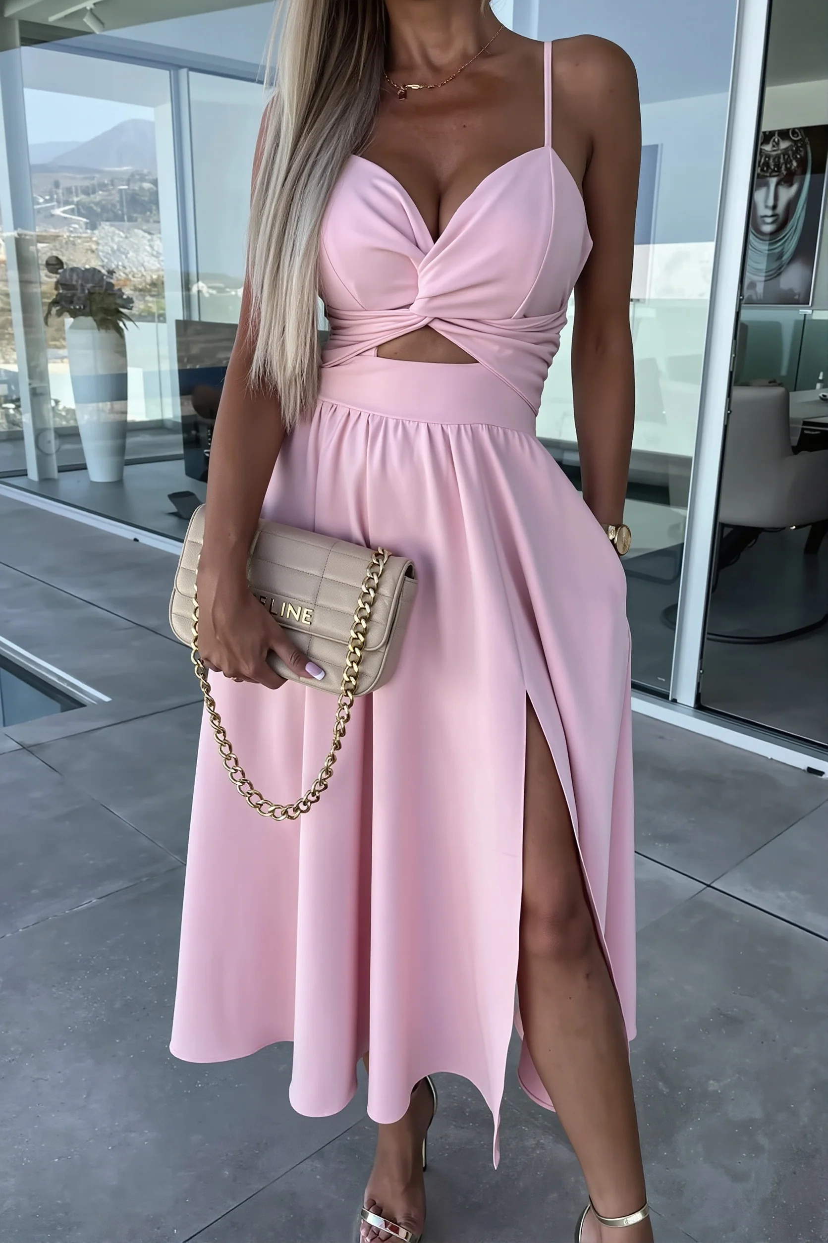 Solid Deep V Cut Out Cami Swing Slit Maxi Dress