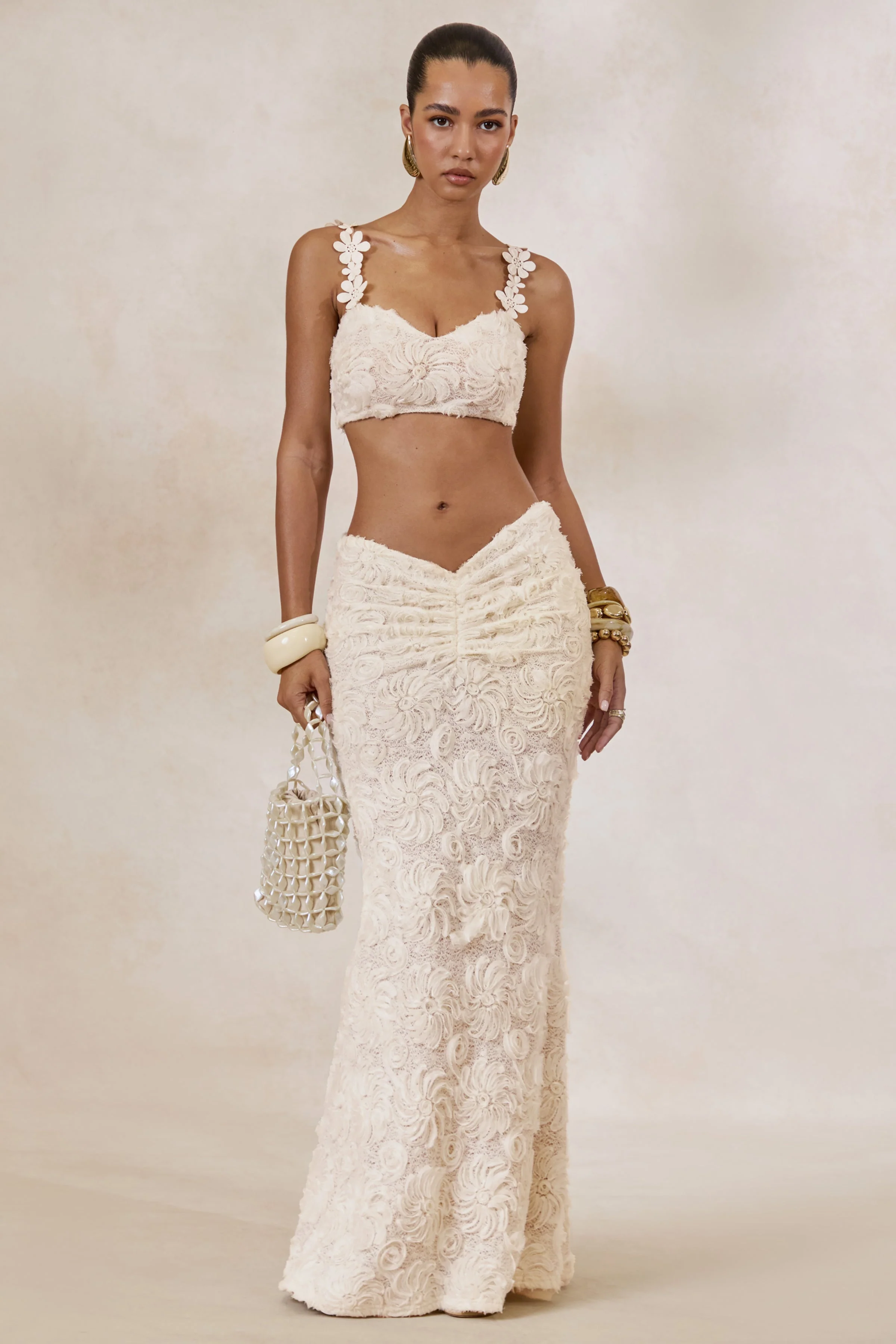 Arlina | White Lace Maxi Skirt With Gathered Detailing