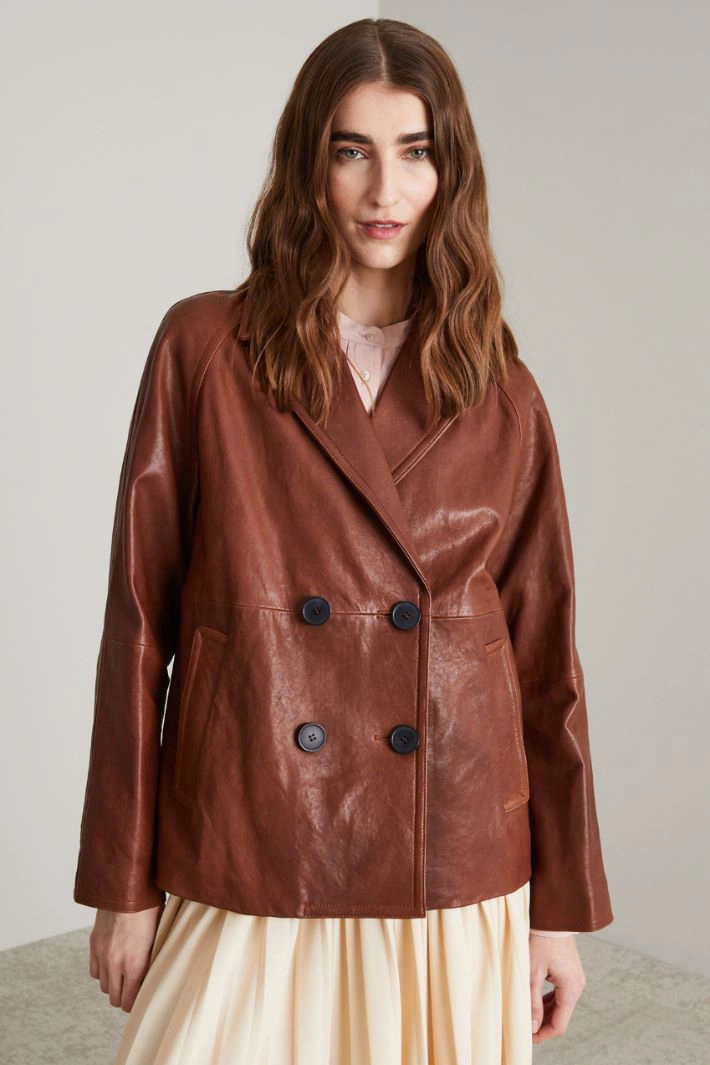 Double-breasted nappa pea coat - BROWN