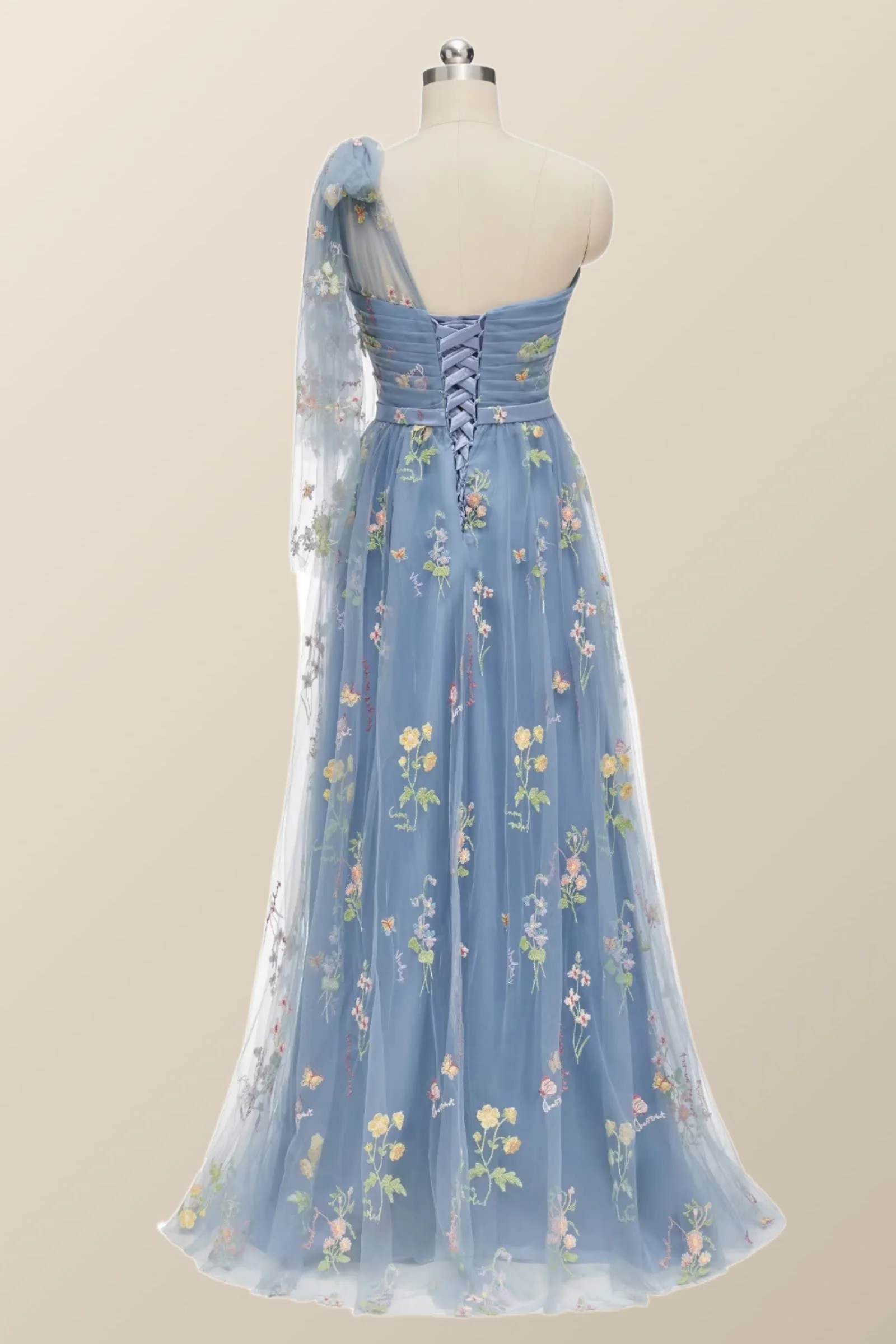 One Shoulder Blue Floral Long Formal Dress