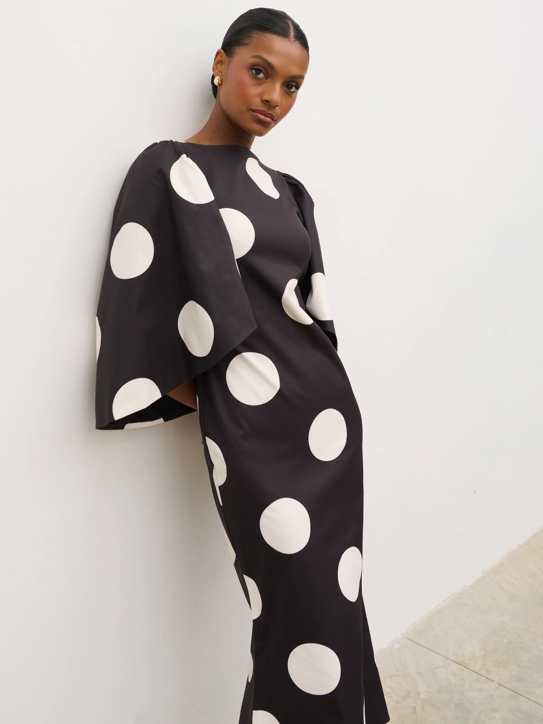 Liora A-Line Midaxi Dress - Black and Cream Polkadot