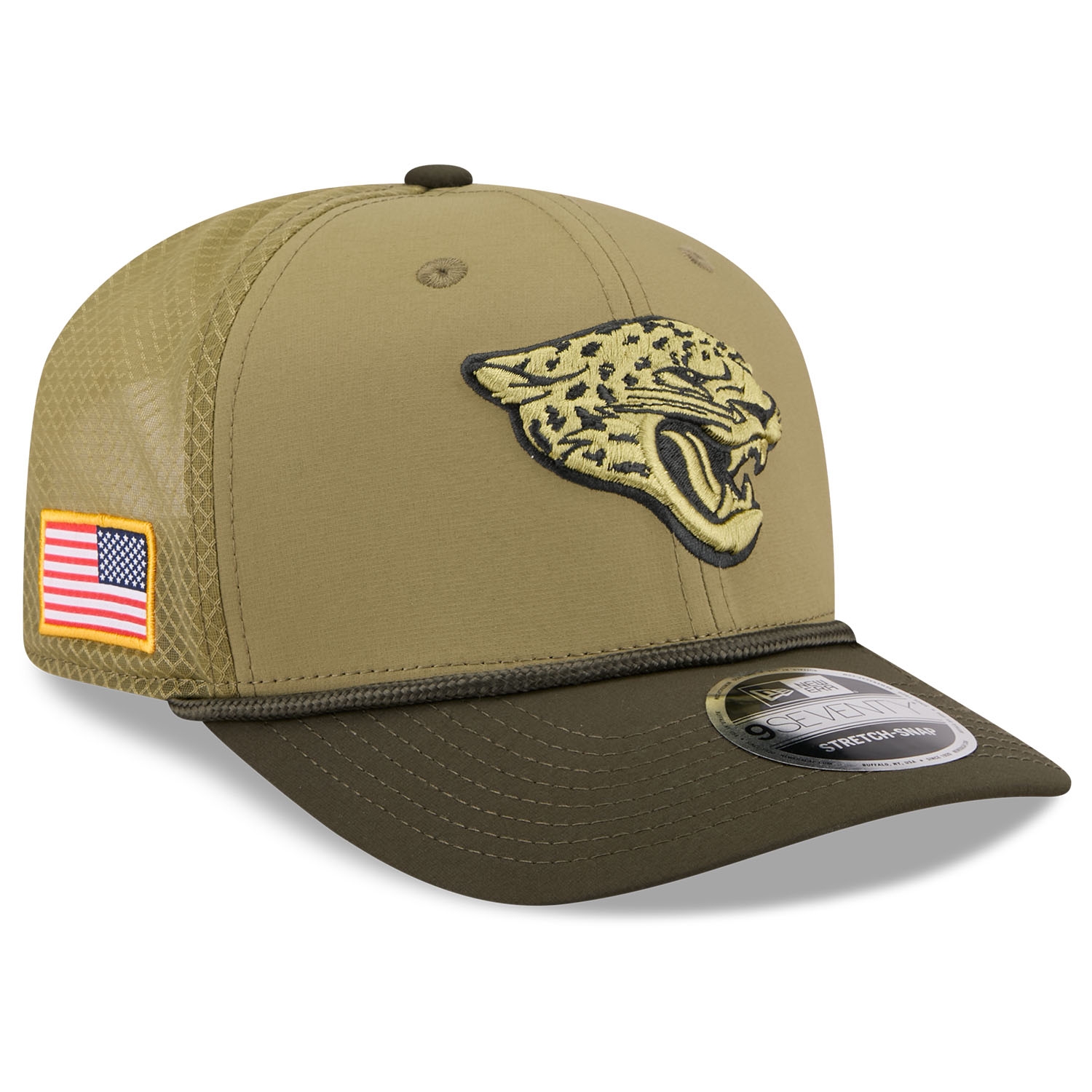 Jacksonville Jaguars 2025 NFL Salute to Service 9SEVENTY Trucker Snapback Cap Olive