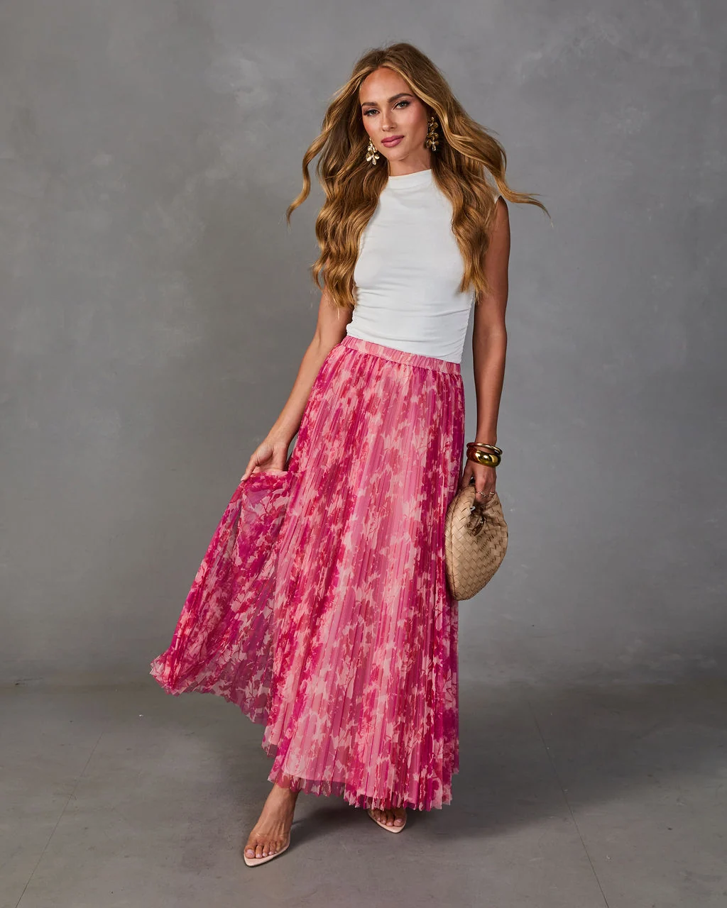 Whispered Rose Pleated Tulle Floral Maxi Skirt