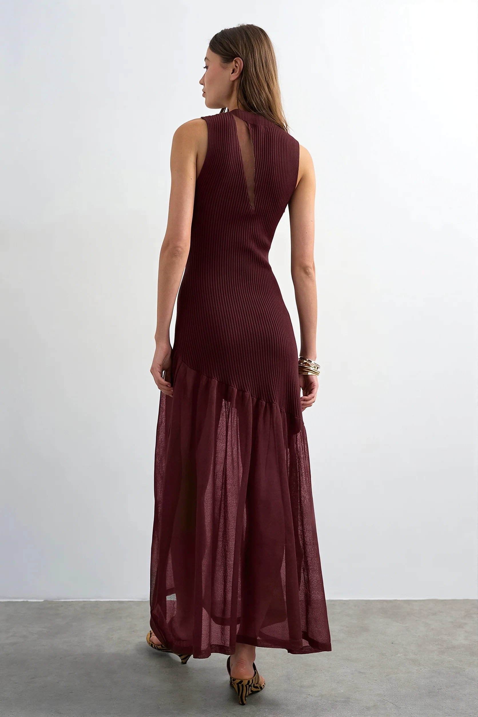 Ribbed Knit Mesh Splice Maxi Dress