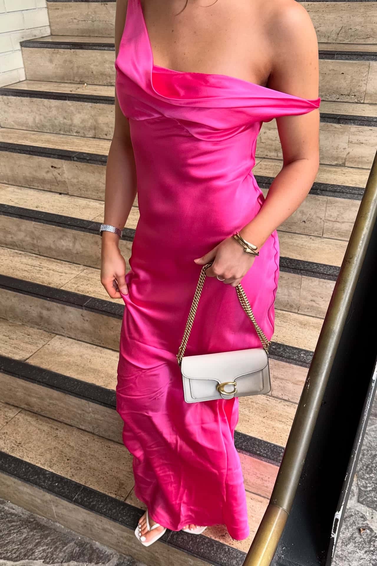 One Shoulder Fuchsia Satin Fitted Long Maxi Dress