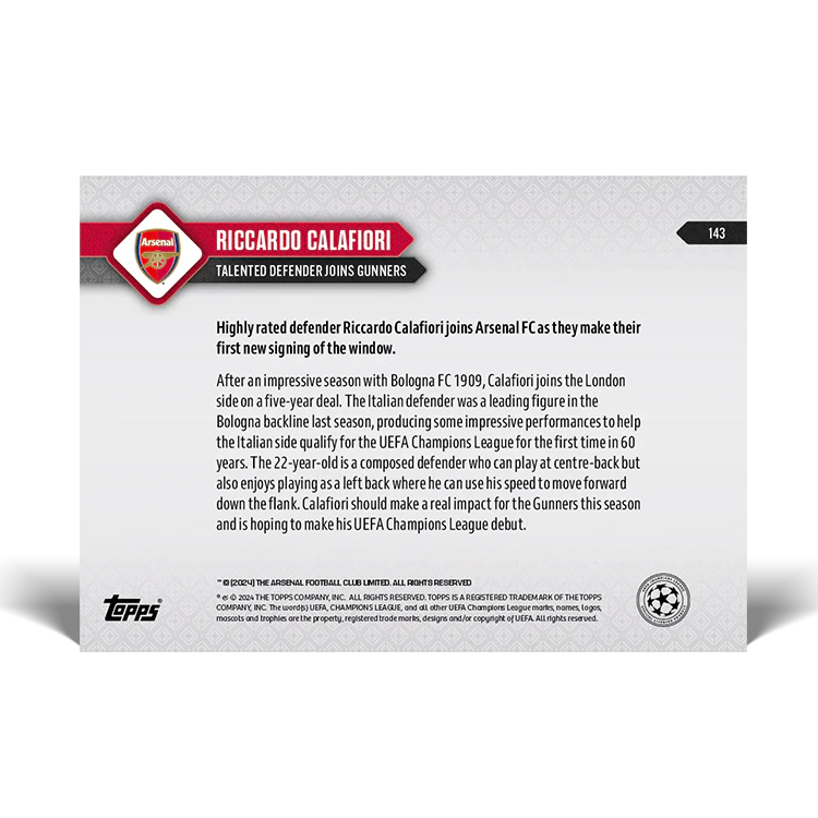 Riccardo Calafiori - Talented defender joins Gunners - 24/25 UCL TOPPS NOW® Card 143