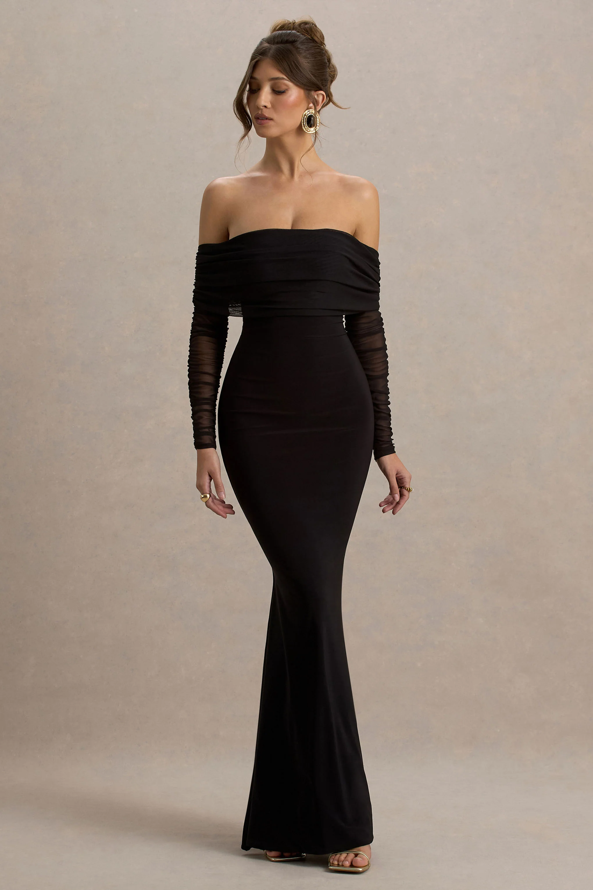 Madeleine | Black Fishtail Maxi Dress With Bardot Mesh Long Sleeves