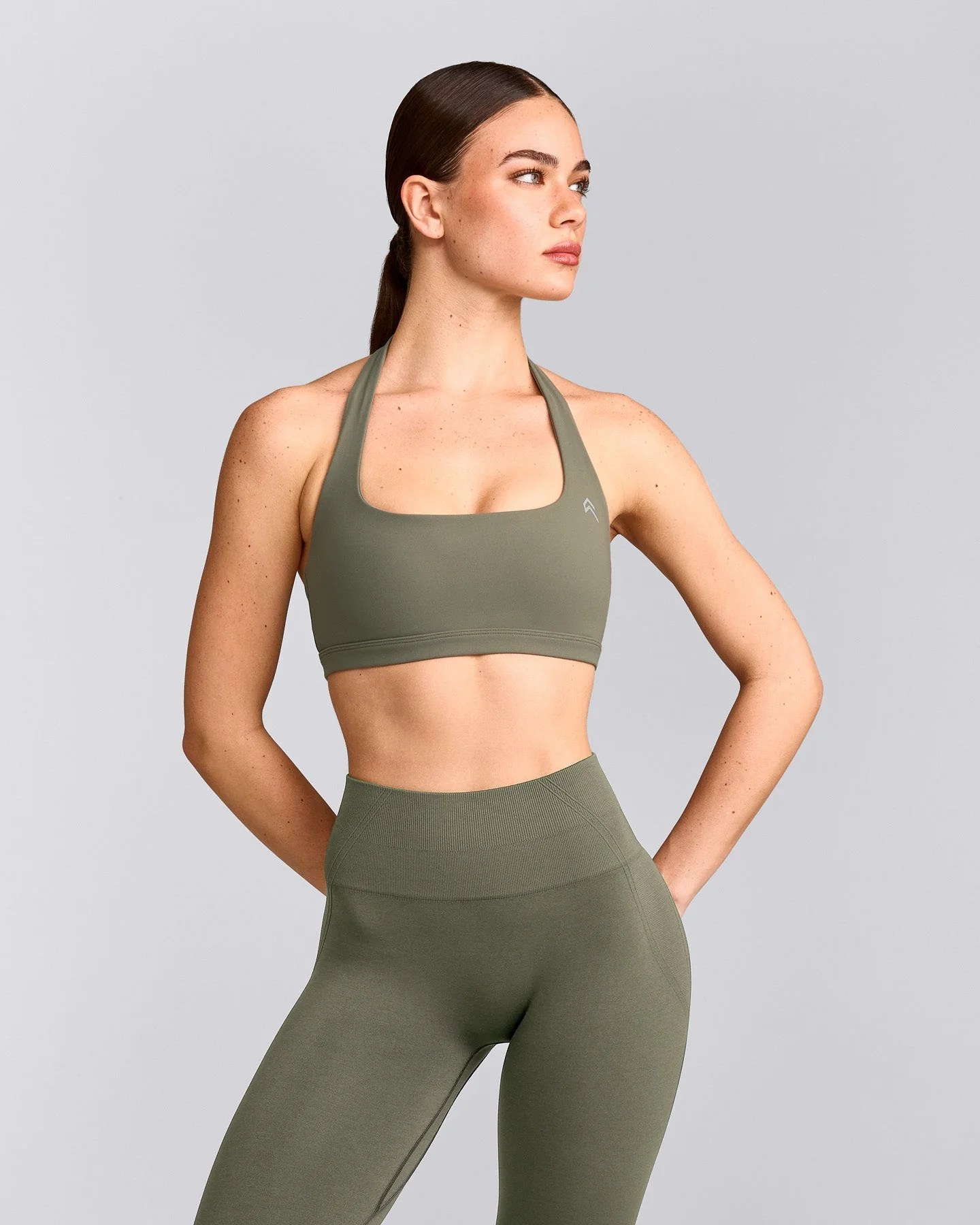 EasyLift™ Halter Bralette with Grey Logo | Alpine Green