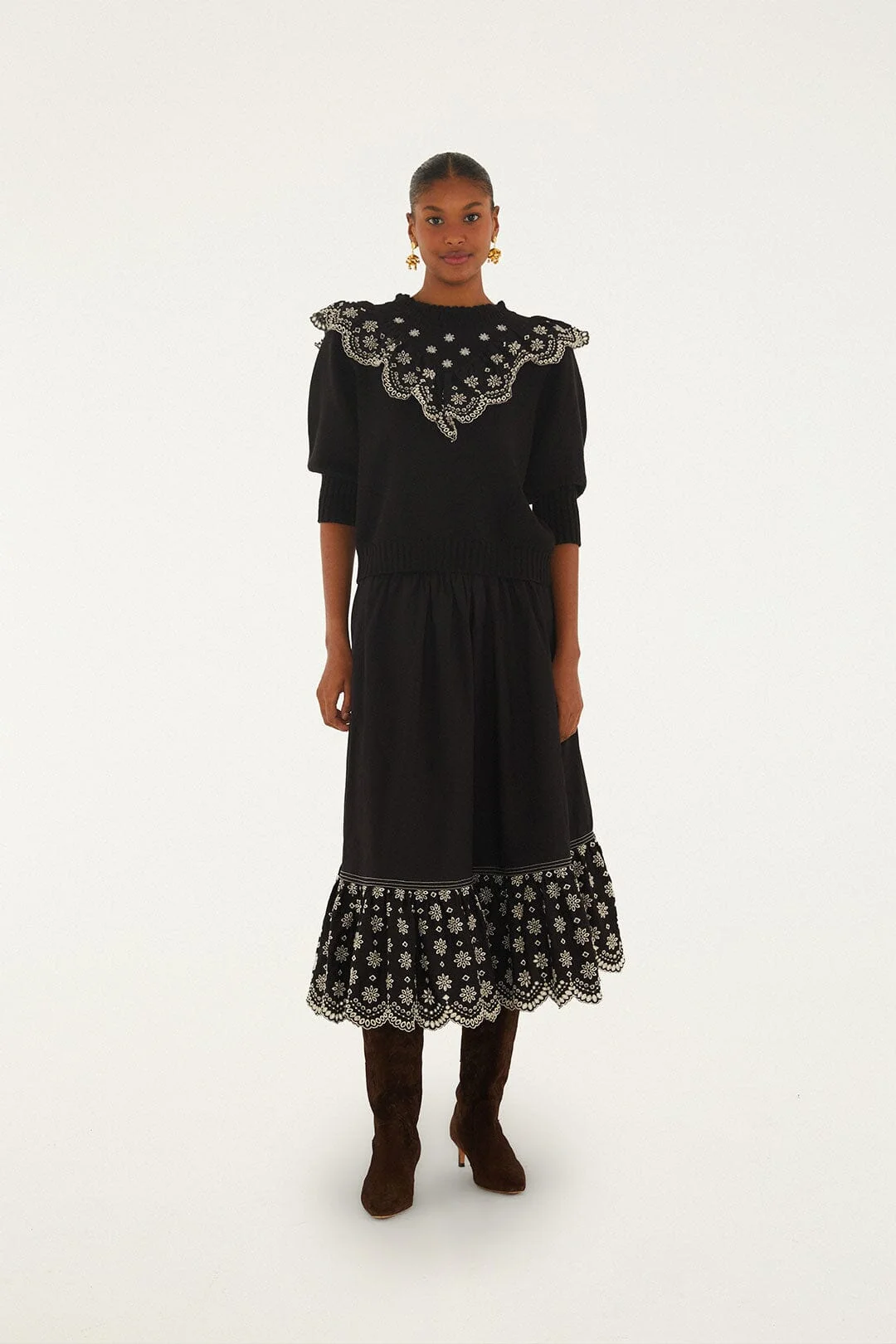 Black Richelieu Ruffled Midi Skirt