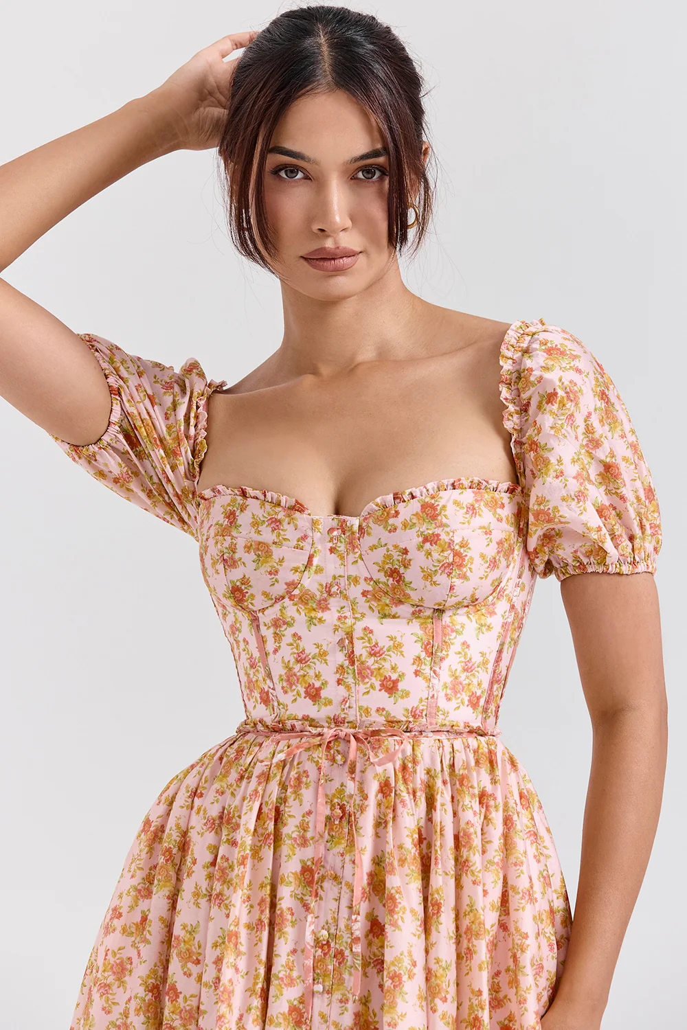 Peach Poppy Print Puff Sleeve Midi Sundress