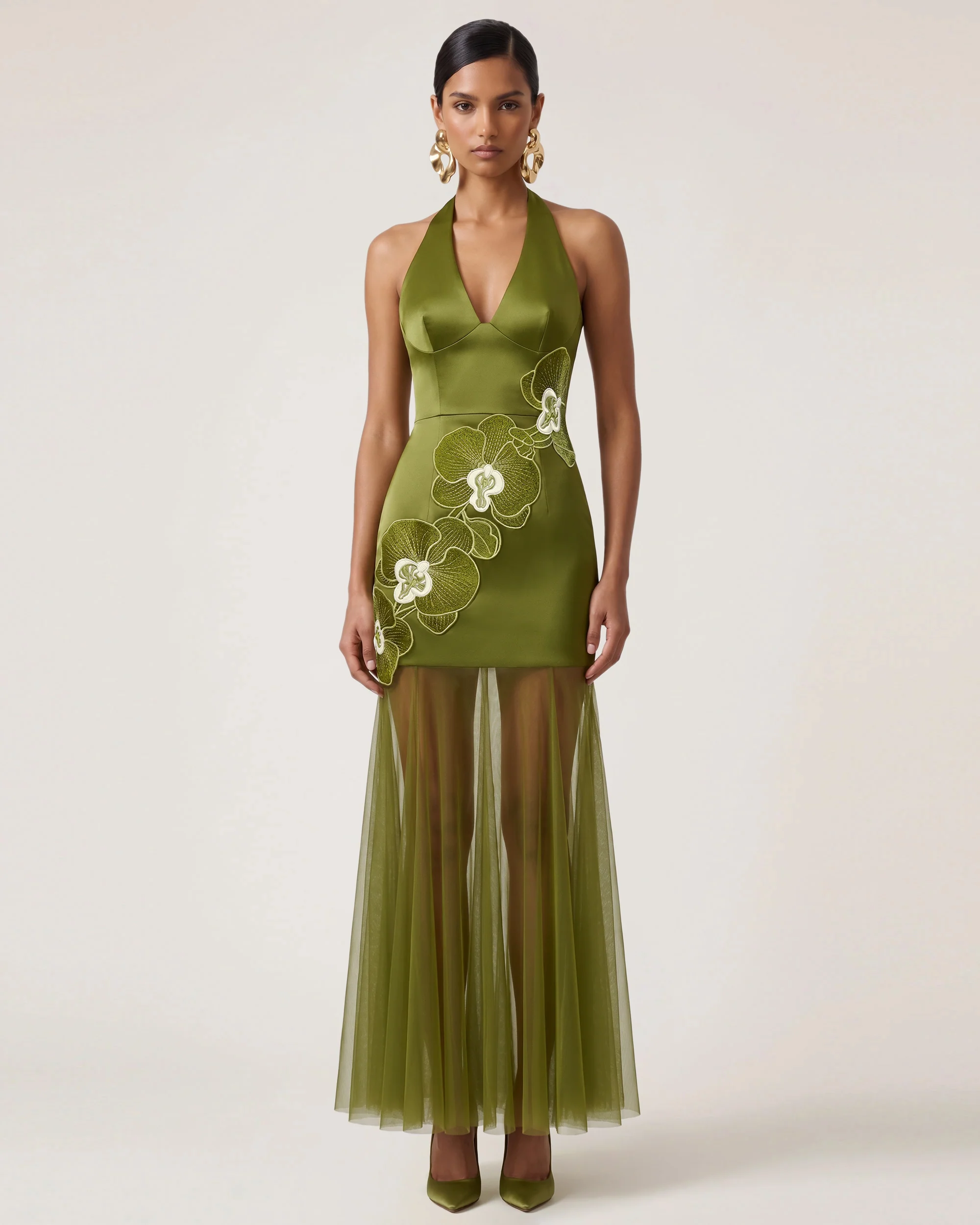 Orchid Embroidered Sheer Hem Halter Maxi Dress - Olive