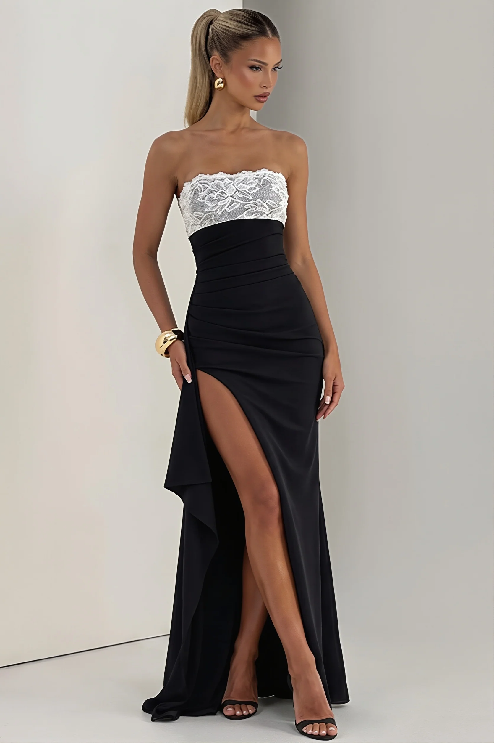 Chic Lace Trim Strapless Bodycon Slit Maxi Dress
