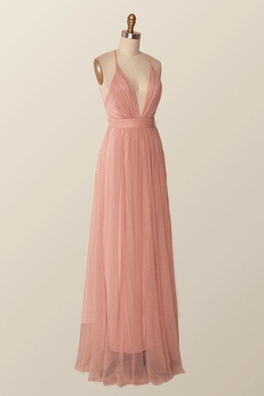 Plunge Pink Tulle A-line Long Formal Dresss