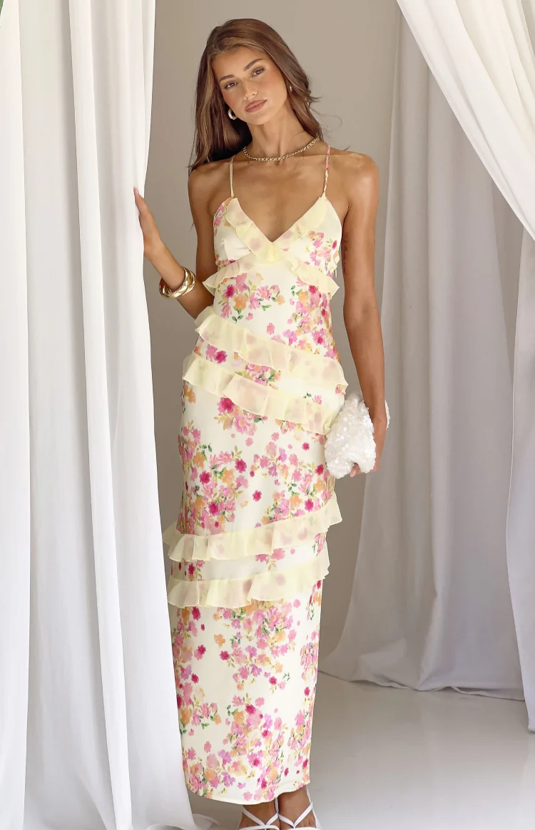 Inara Yellow Bloom Ruffle Maxi Dress