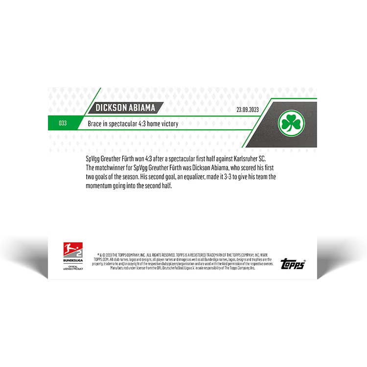 Topps UK - Dickson Abiama - Brace in spectacular 4:3 home victory - Bundesliga TOPPS NOW® Card #33