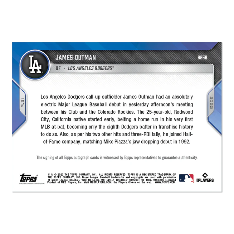 On-Card Auto # to 49 - James Outman - 2022 MLB TOPPS NOW® Card 625B