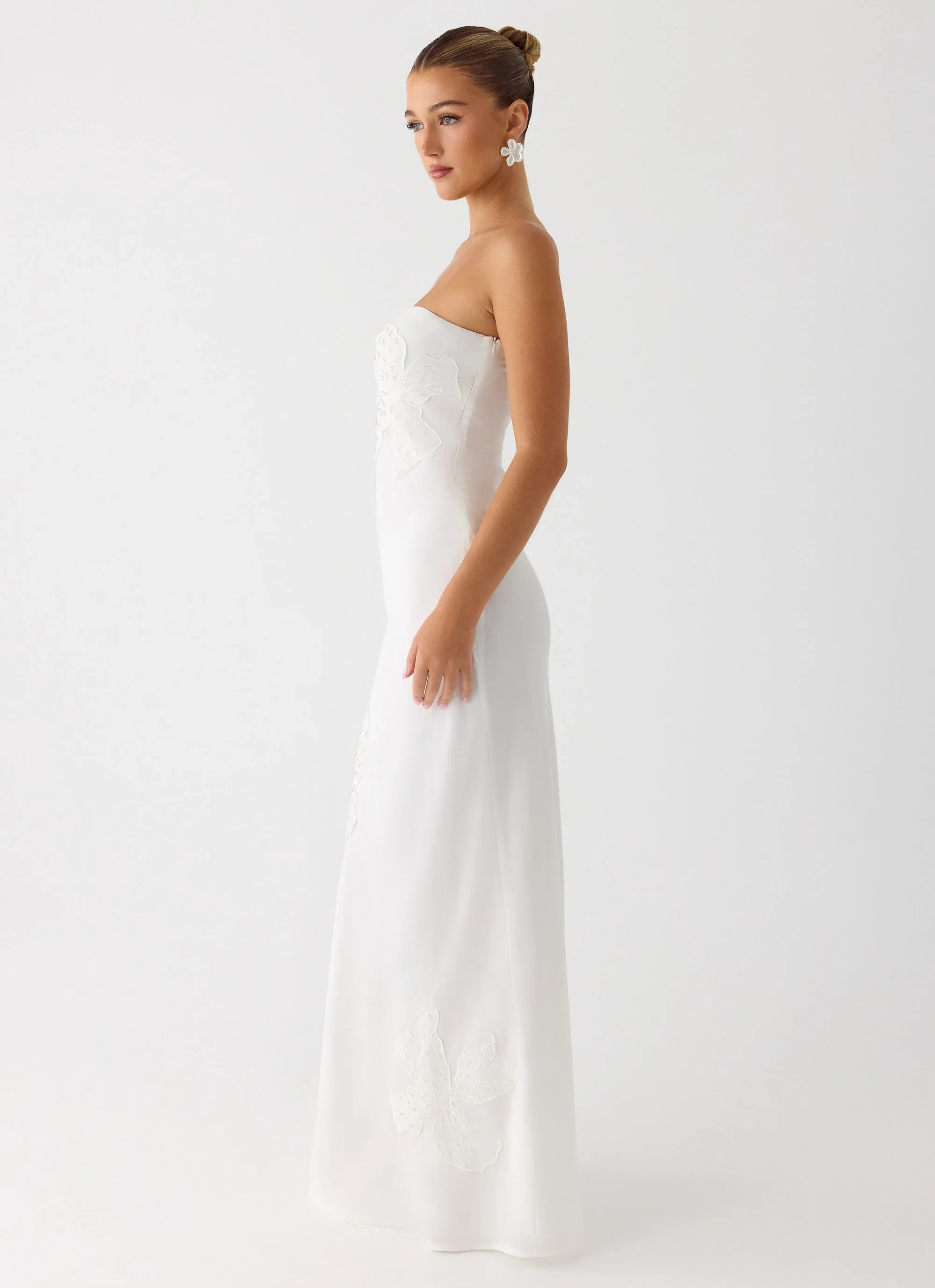 Sassafras Beaded Flower Strapless Maxi Dress - White