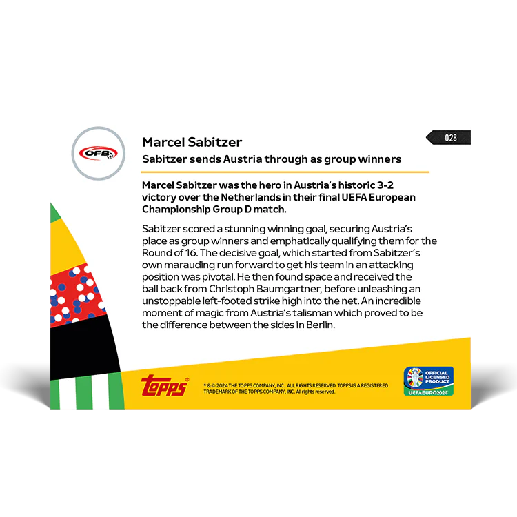 Marcel Sabitzer - Sabitzer sends Austria through as group winners - EURO 2024 TOPPS NOW® Card 28