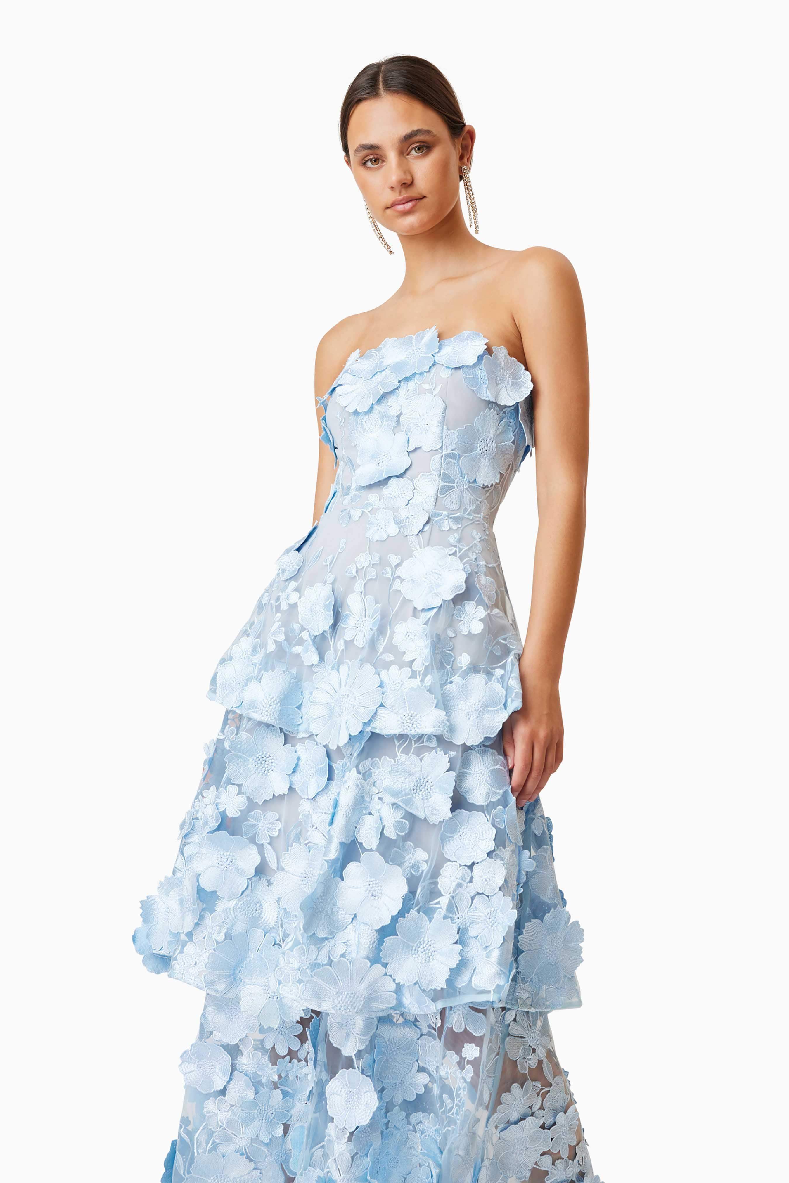 Selene Maxi Tiered 3D Dress In Blue