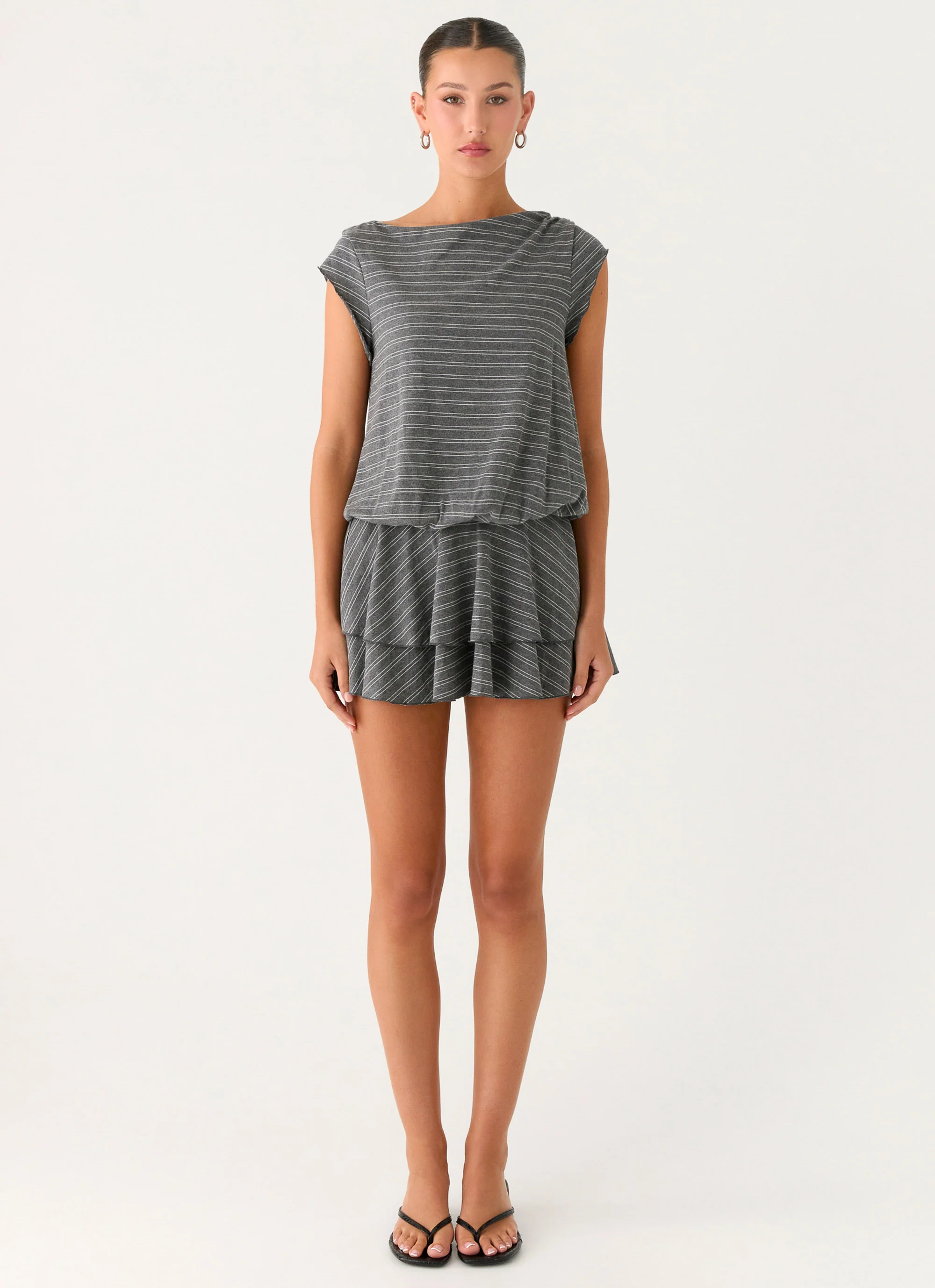 Bambola Wide Neck Mini Dress - Grey Marle Stripe
