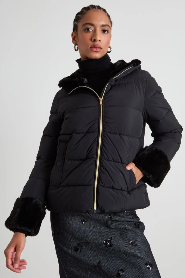 Puffer jacket with plush details - BLACK