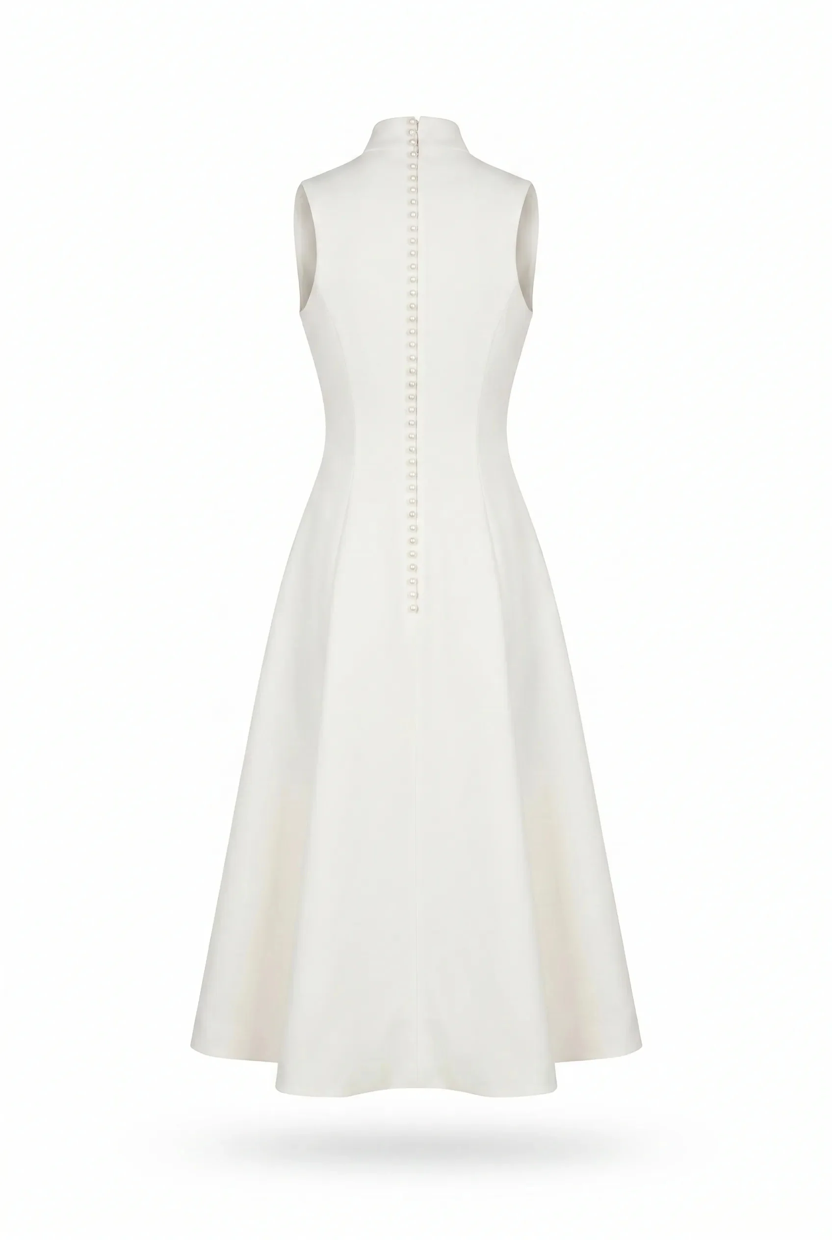 Elegant white midi dress with a high neckline