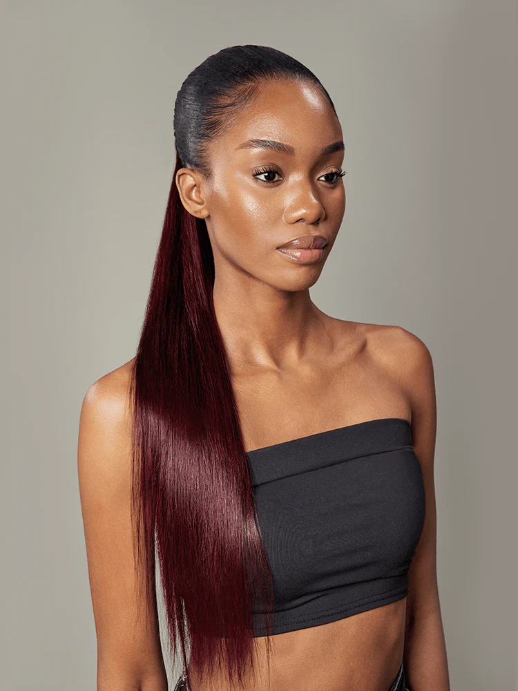 Frodio Ponypop Burgundy Seamless Straight Wrap Around Ponytail Human Hair - Ruby