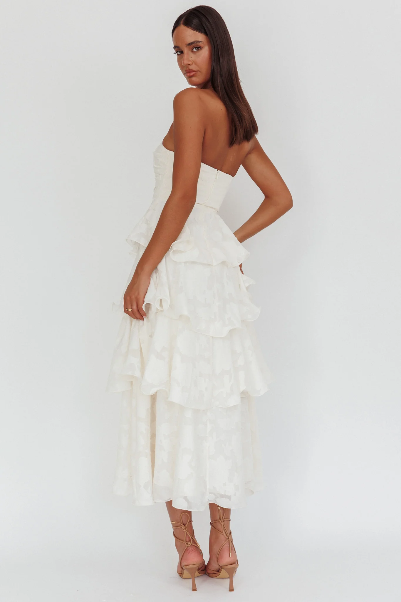 Giavana Strapless Layered Midi Dress Floral Embossed Cream
