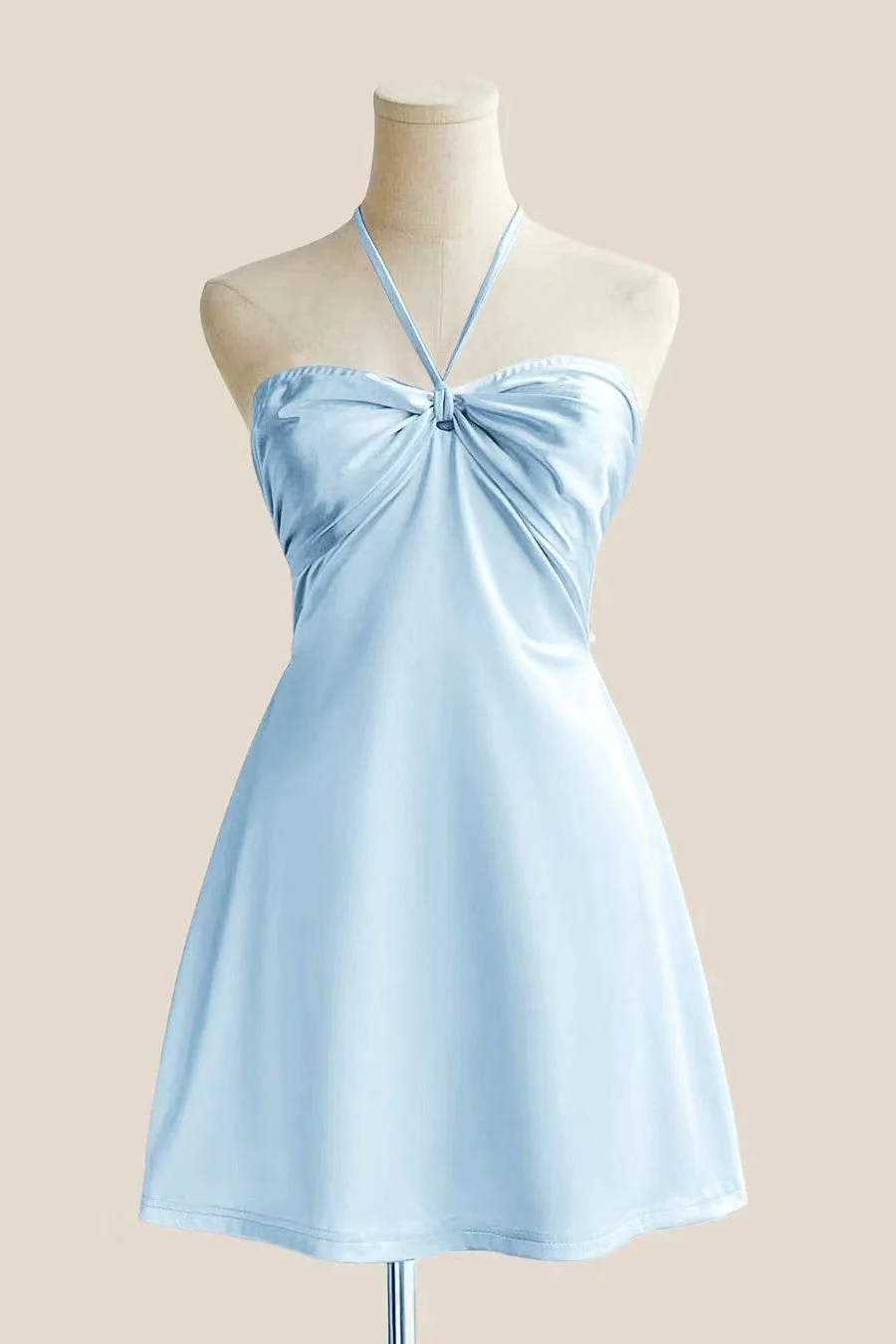 Halter Yellow Back Tie A-line Short Dress