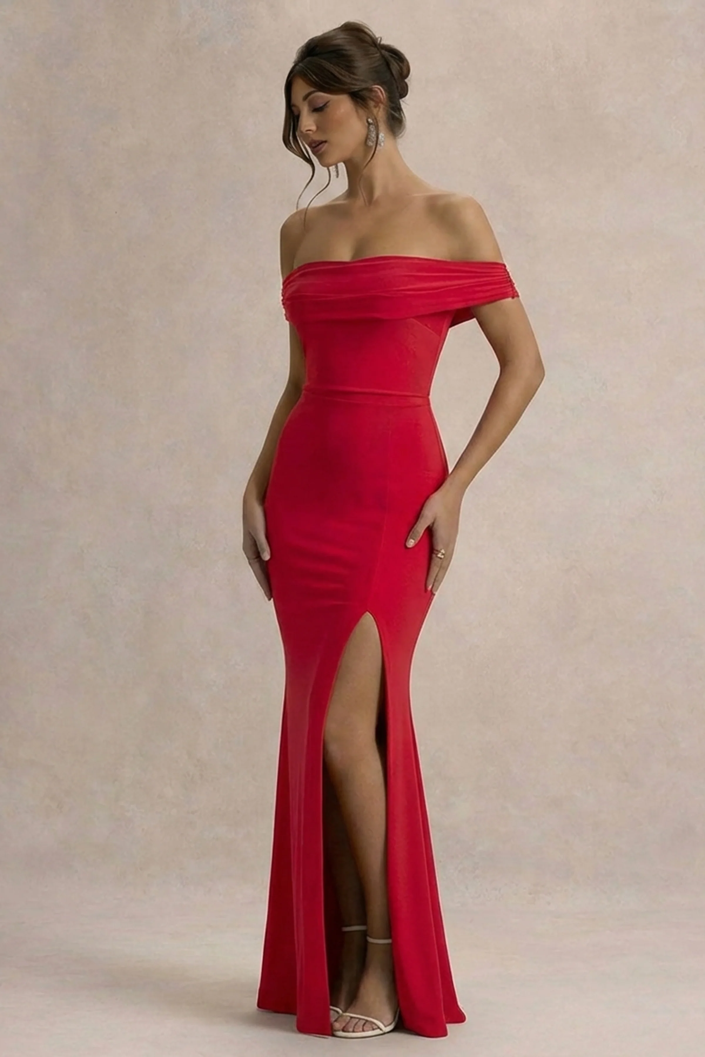Law of Attraction | Red Bardot Draped Split Maxi Dress