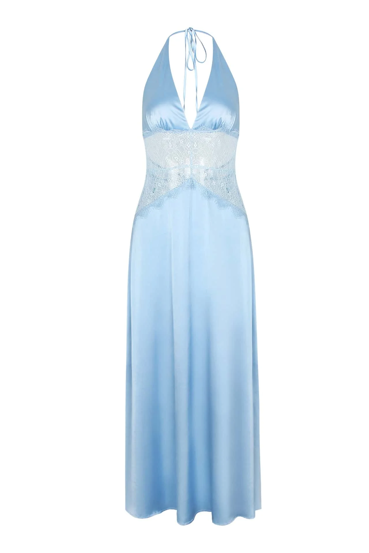 Halter Blue Sheer Plunge Long Maxi Dress