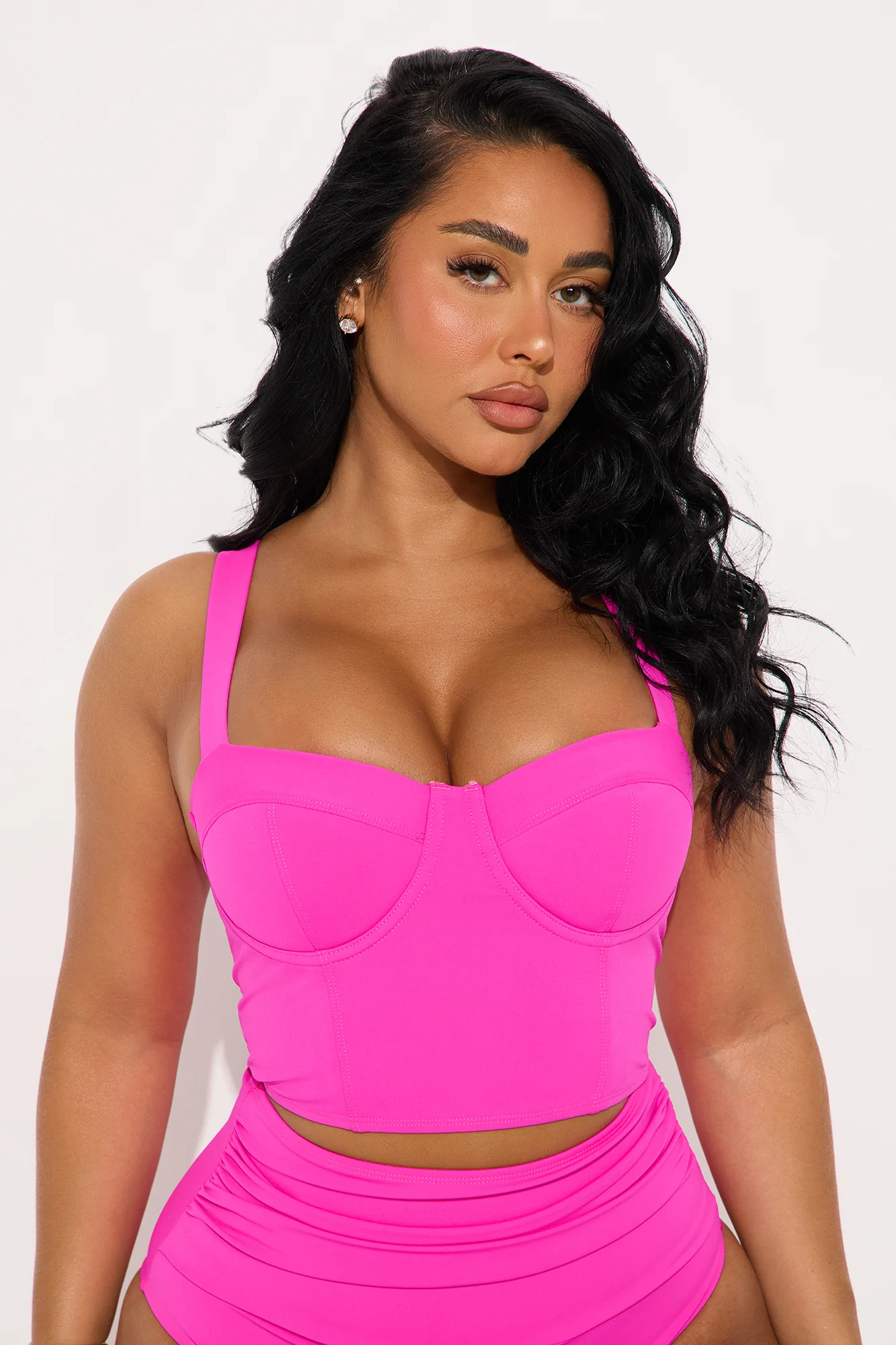 Delvina Snatched Sculpting Underwire Bra Cup Tankini Top - Hot Pink