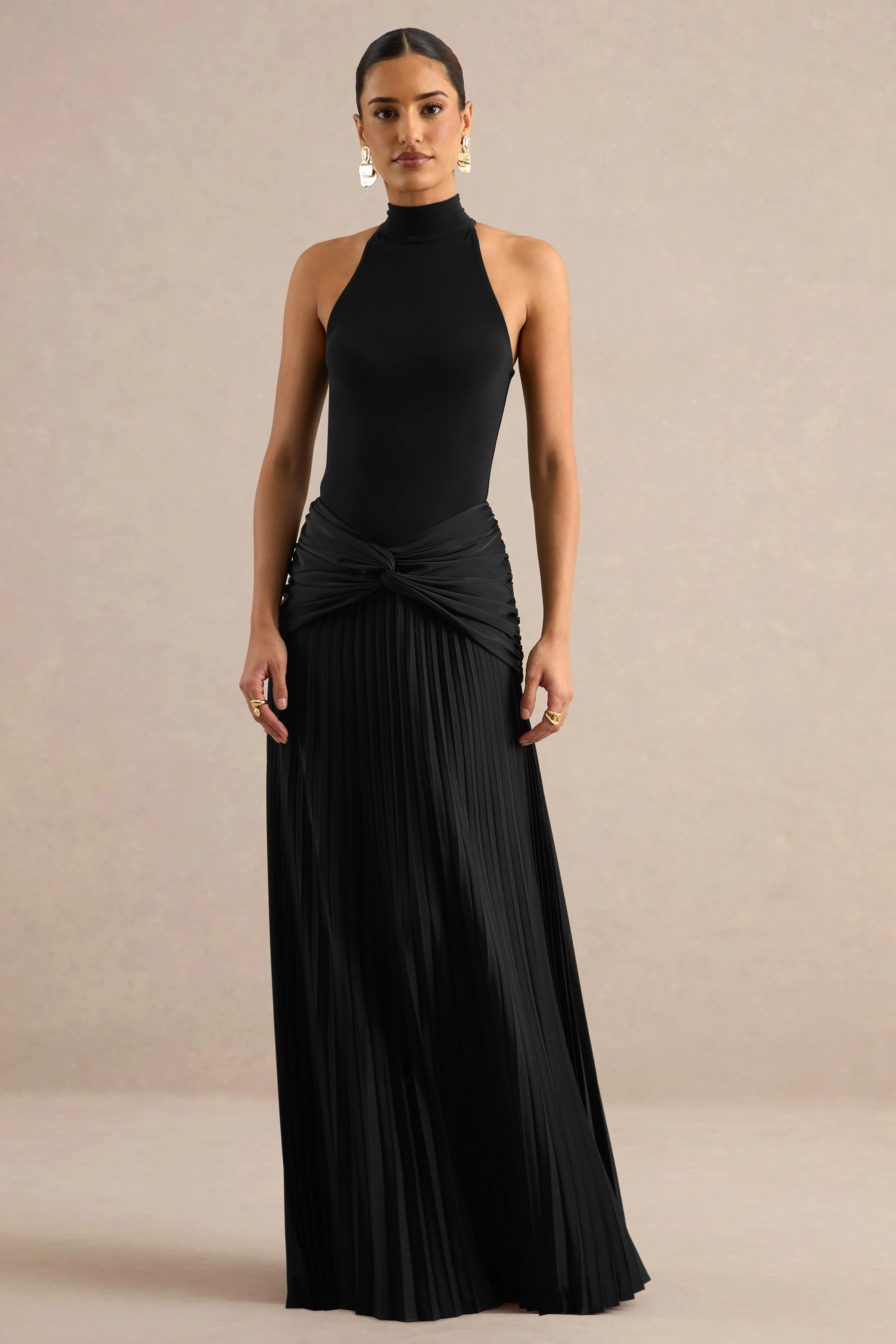 Galisse | Black Satin Mid Rise Pleated Maxi Skirt With Twist And Gathered Detailing