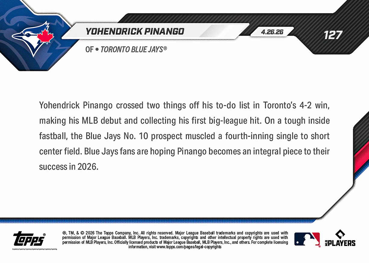 Yohendrick Pinango - 2026 MLB Topps NOW® - Card 127