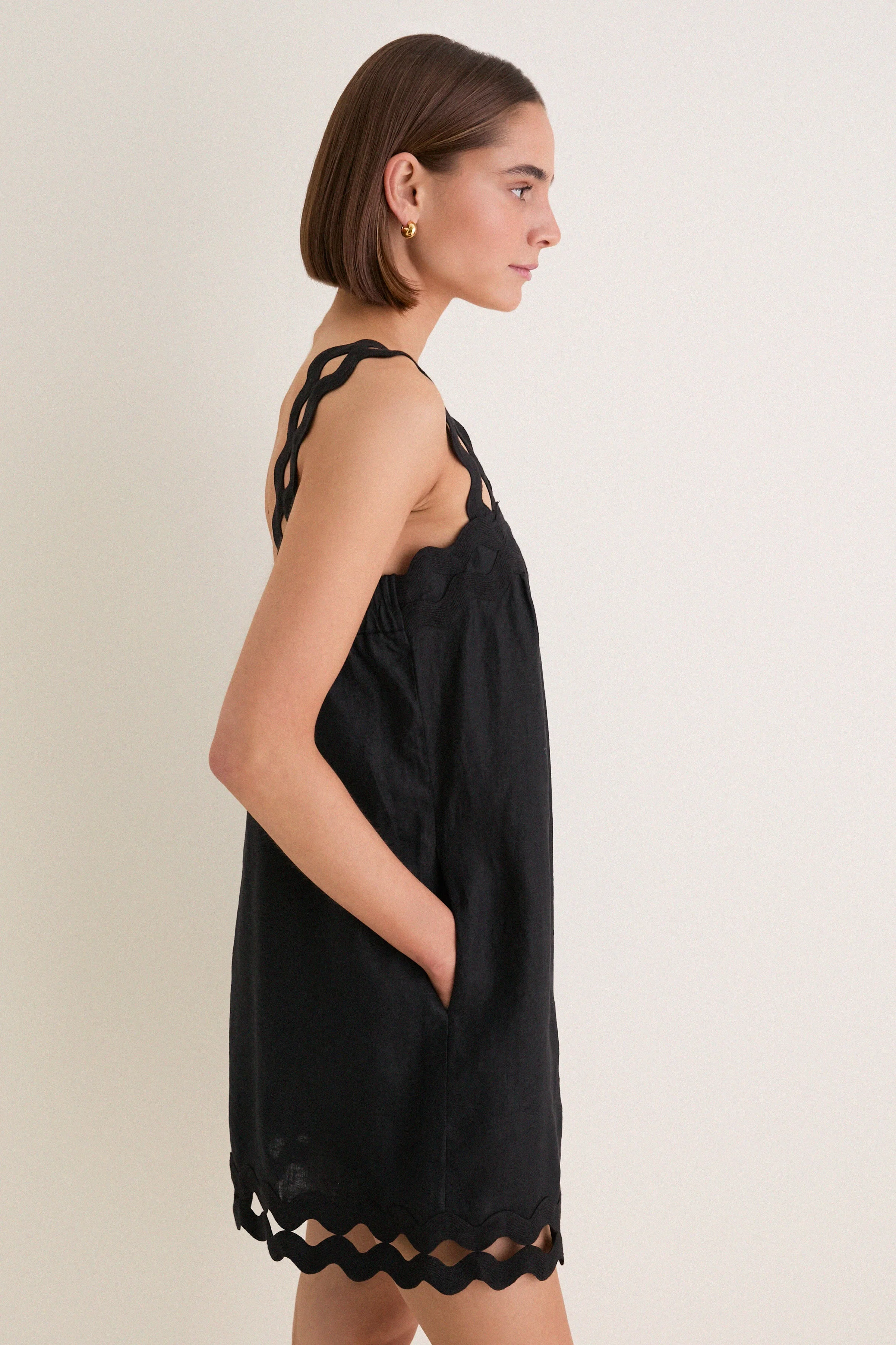 Black Ric Rac Linen Ellis Mini Dress