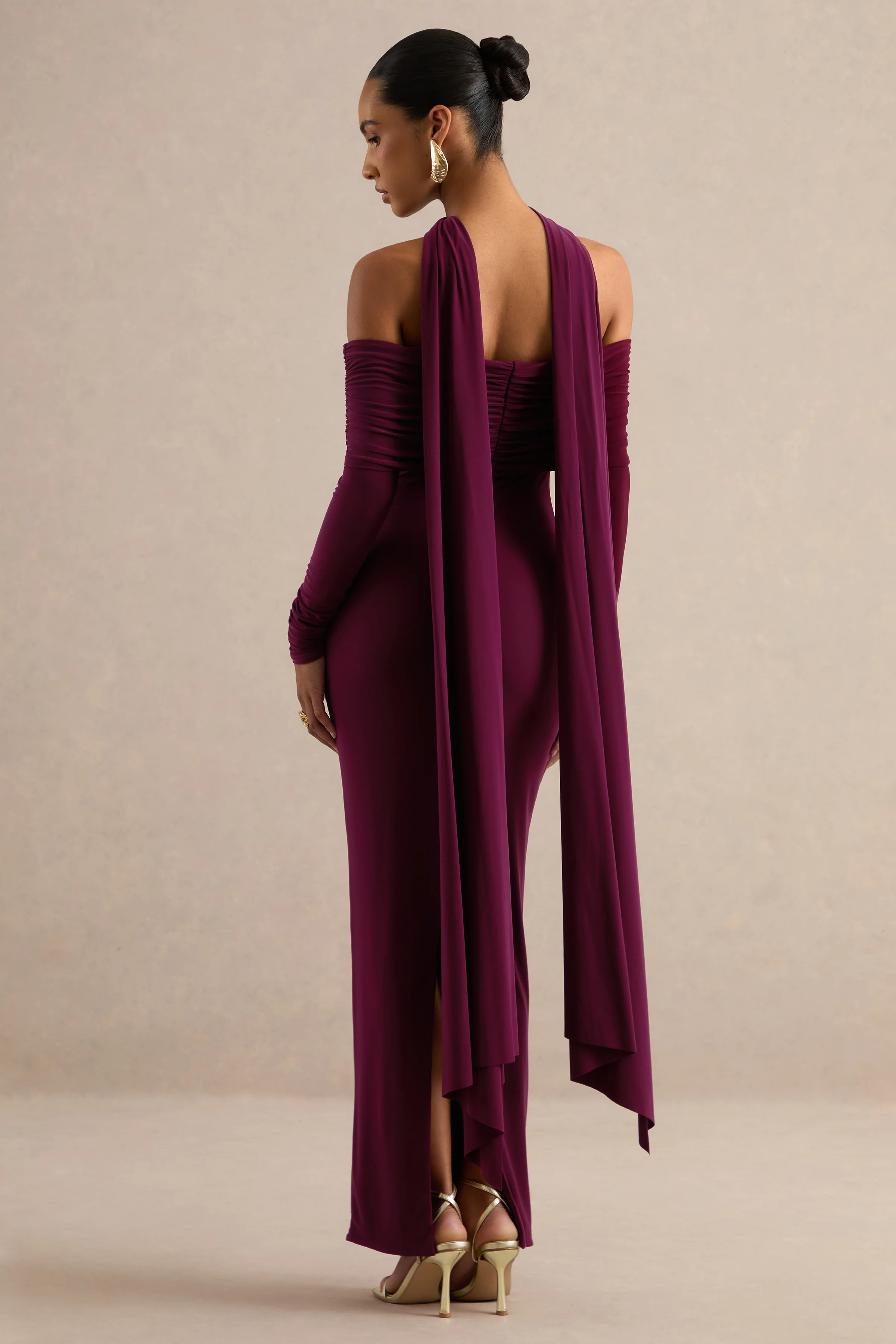 Julissa | Burgundy Jersey Ruched Bardot Long Sleeve Maxi Dress With Scarf Detail And Split