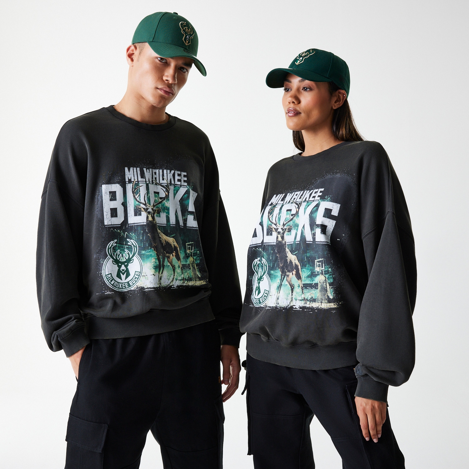 Milwaukee Bucks Washed Oversized NBA Crew Neck Sweater Dark Gray