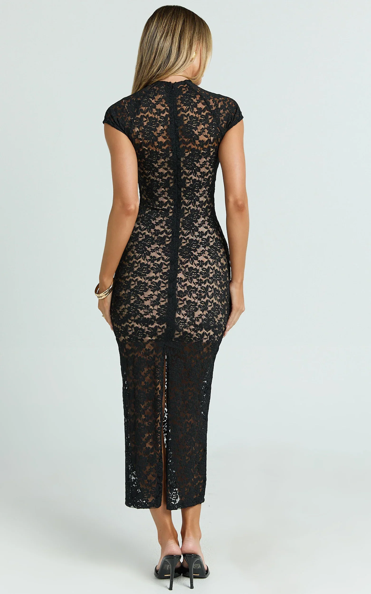 Emma Midi Dress - Lace Cap Sleeve Bodycon Dress in Black