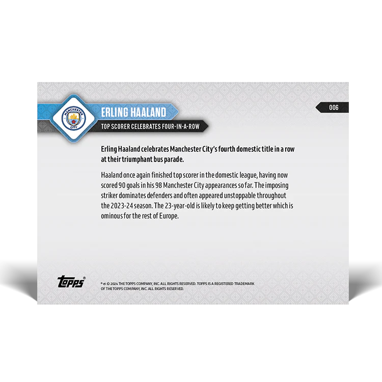 Erling Haaland - Top scorer celebrates four-in-a-row - 23/24 Man City TOPPS NOW® Card 6