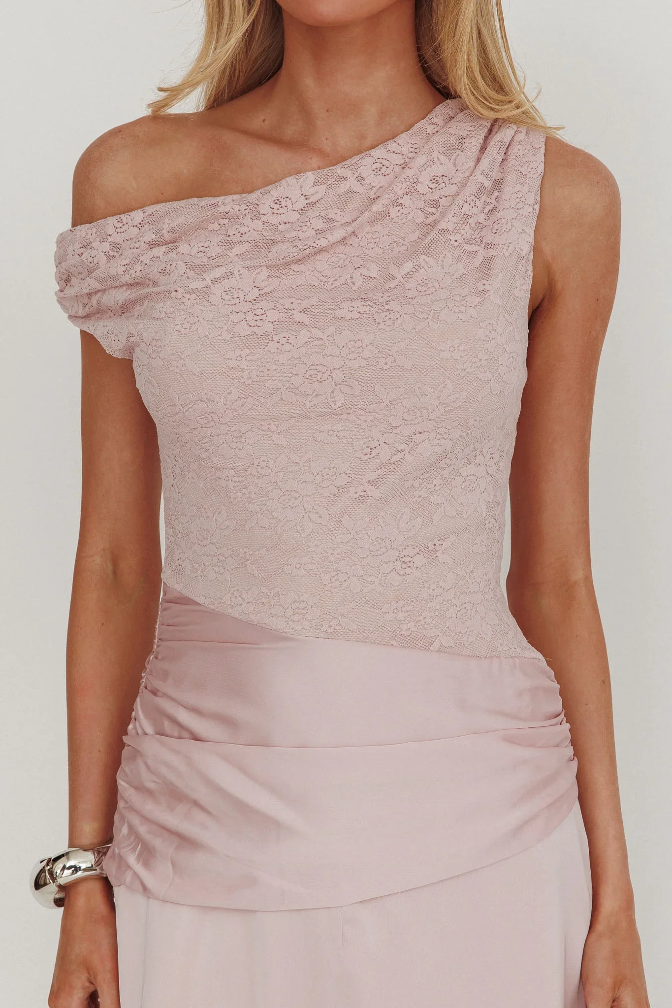 Diana Asymmetric Shoulder Pleat Waist Maxi Dress Blush